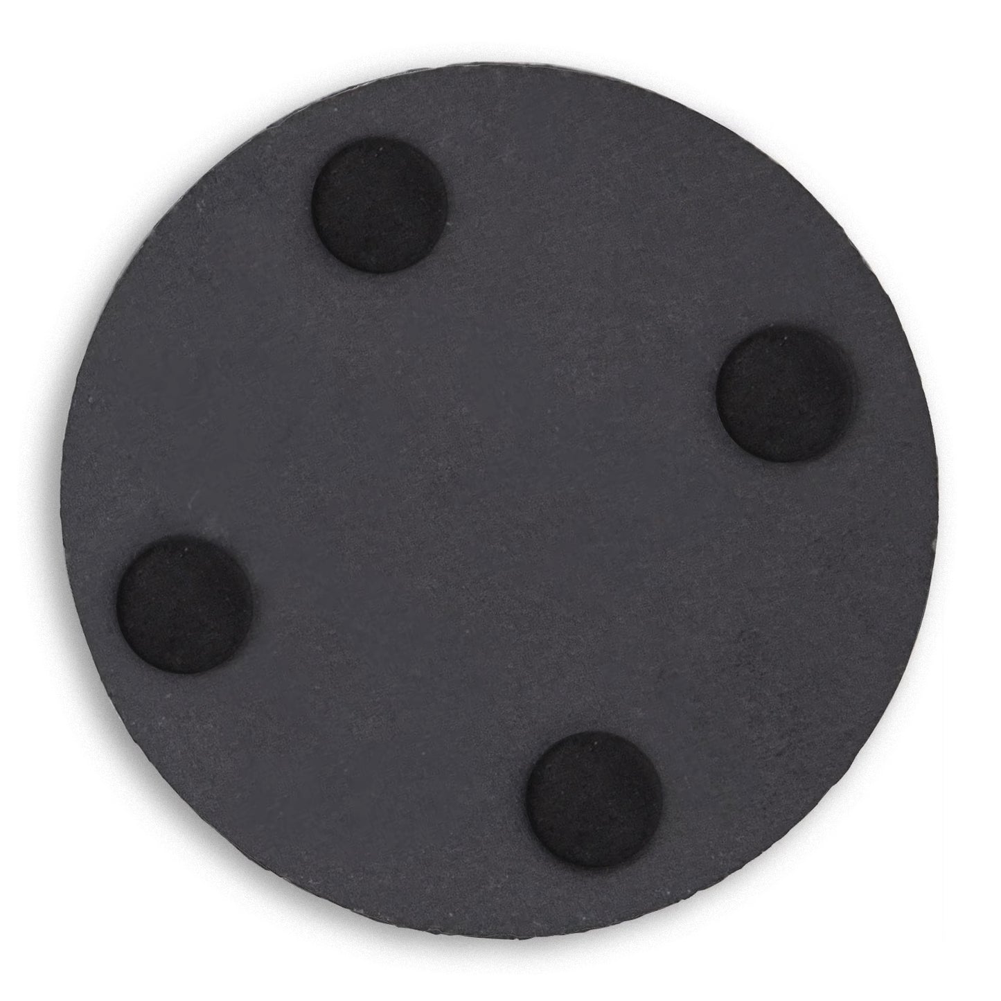 Under side of a circle slate coaster showing four foam feet.