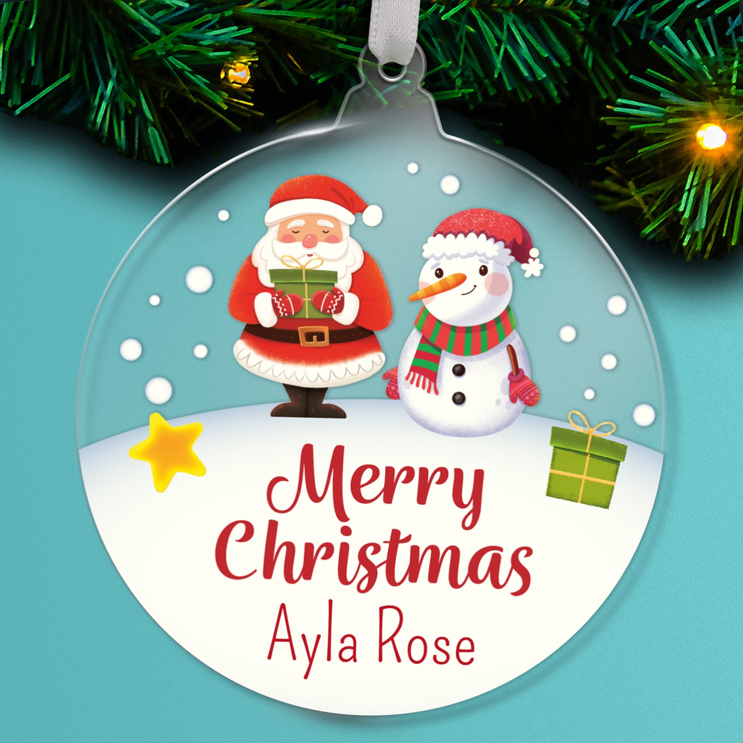 A personalised Christmas bauble with a design of Santa Claus and a snowman, surrounded by snowflakes and greenery, with a red and white colour scheme and the text 'Merry Christmas Ayla Rose' .