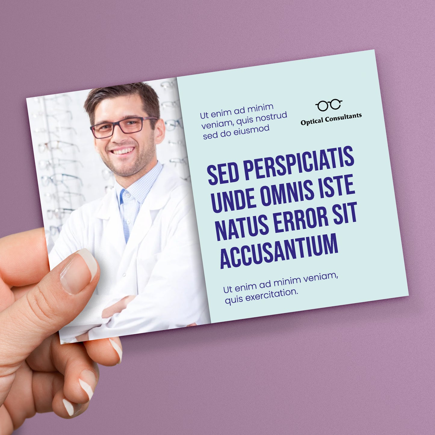 A personalised promotional business postcard with a vertical layout, featuring an image of an optician, and text including the business name, location, and contact details alongside logo and message