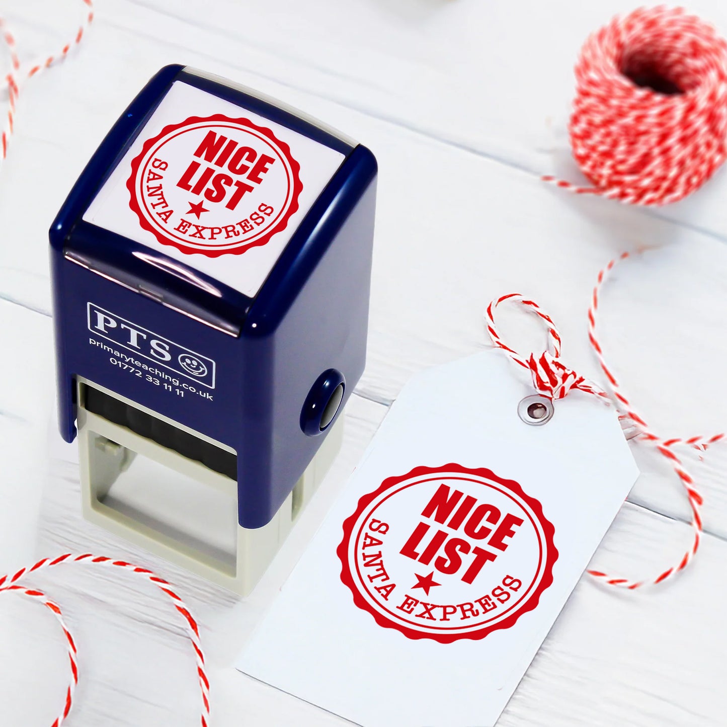 A 25mm square pre-inked stamper with red ink. The image is as per an official stamp of approval with the central text 'NICE LIST' in red capital letters with a star and bottom curved text of 'SANTA EXPRESS'