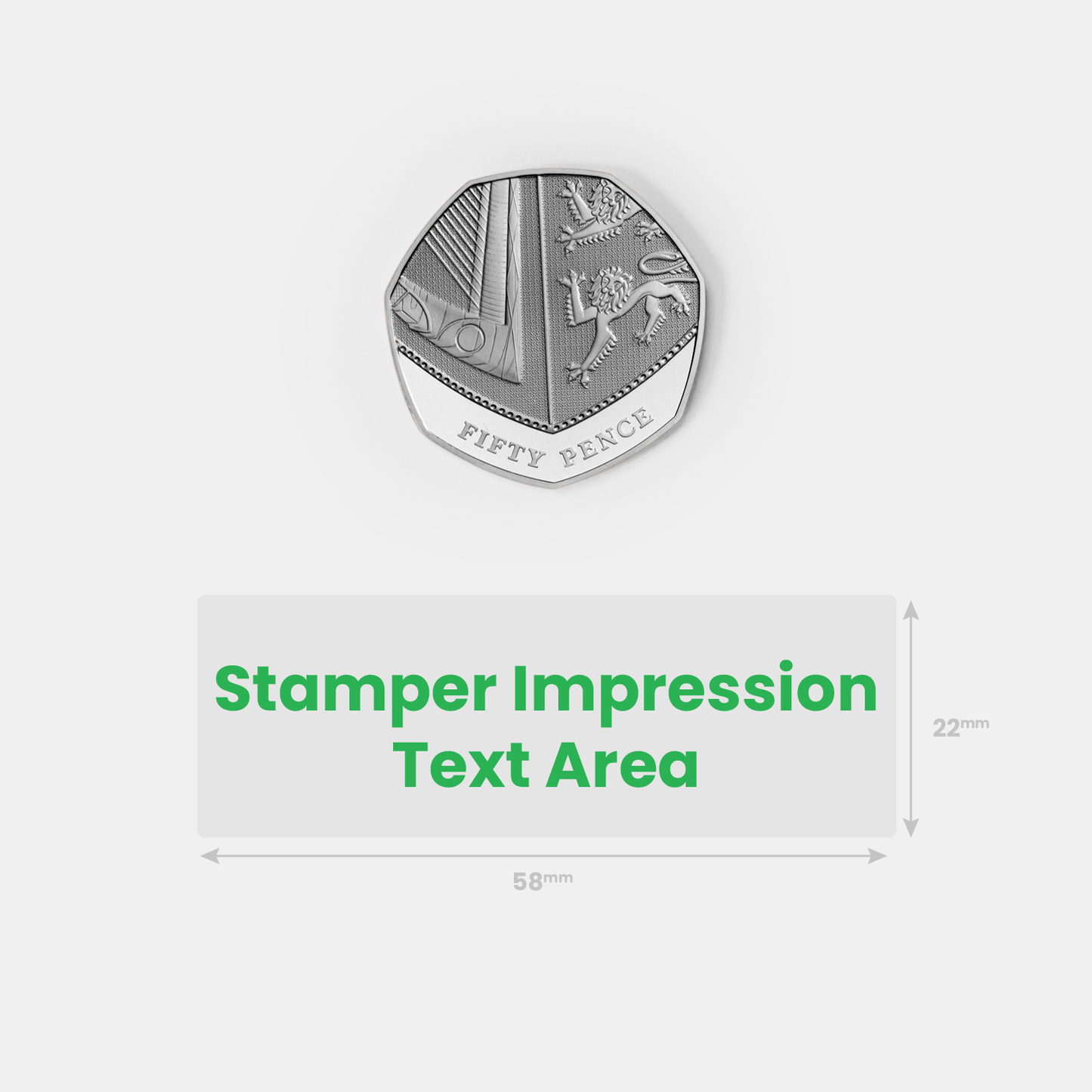 Silver 50p coin as reference to stamper impression size