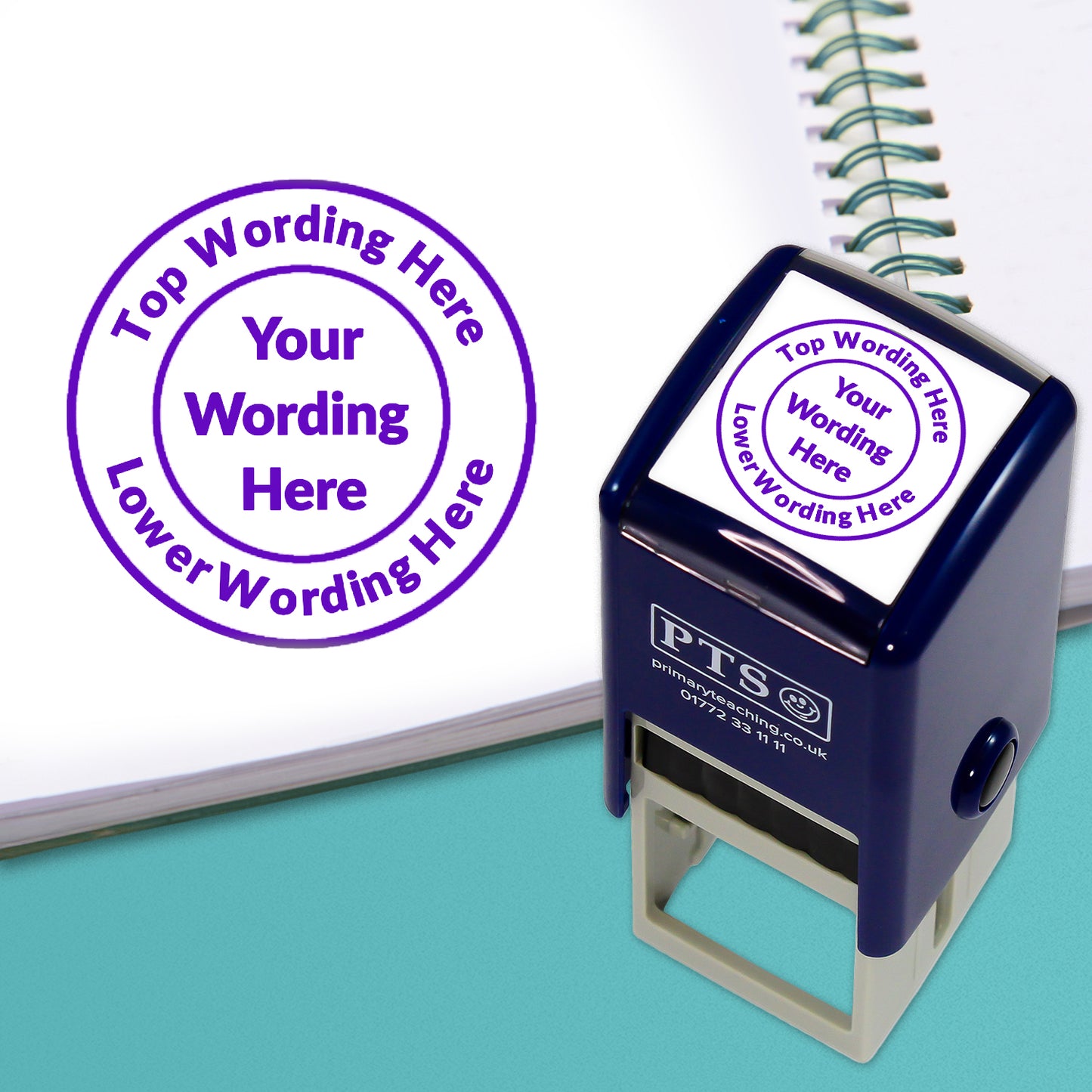A 25mm round pre-inked stamper with purple ink, featuring a centre circle within which the wording is 'YOUR WORDING HERE' and the outer circle curving above the text is space for further personalisation 'Top Wording Here' and curving below 'Lower Wording Here' in a clear, bold font.
