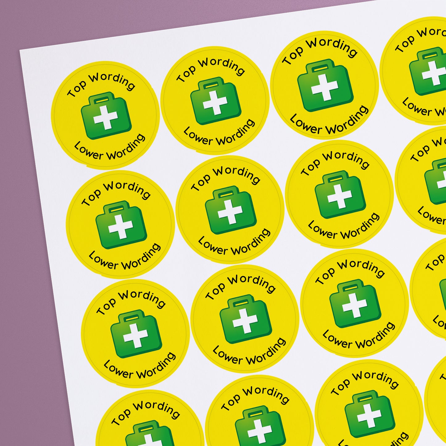 Sheet of yellow stickers with a medical kit as a central image and personalised wording space above and below the image.