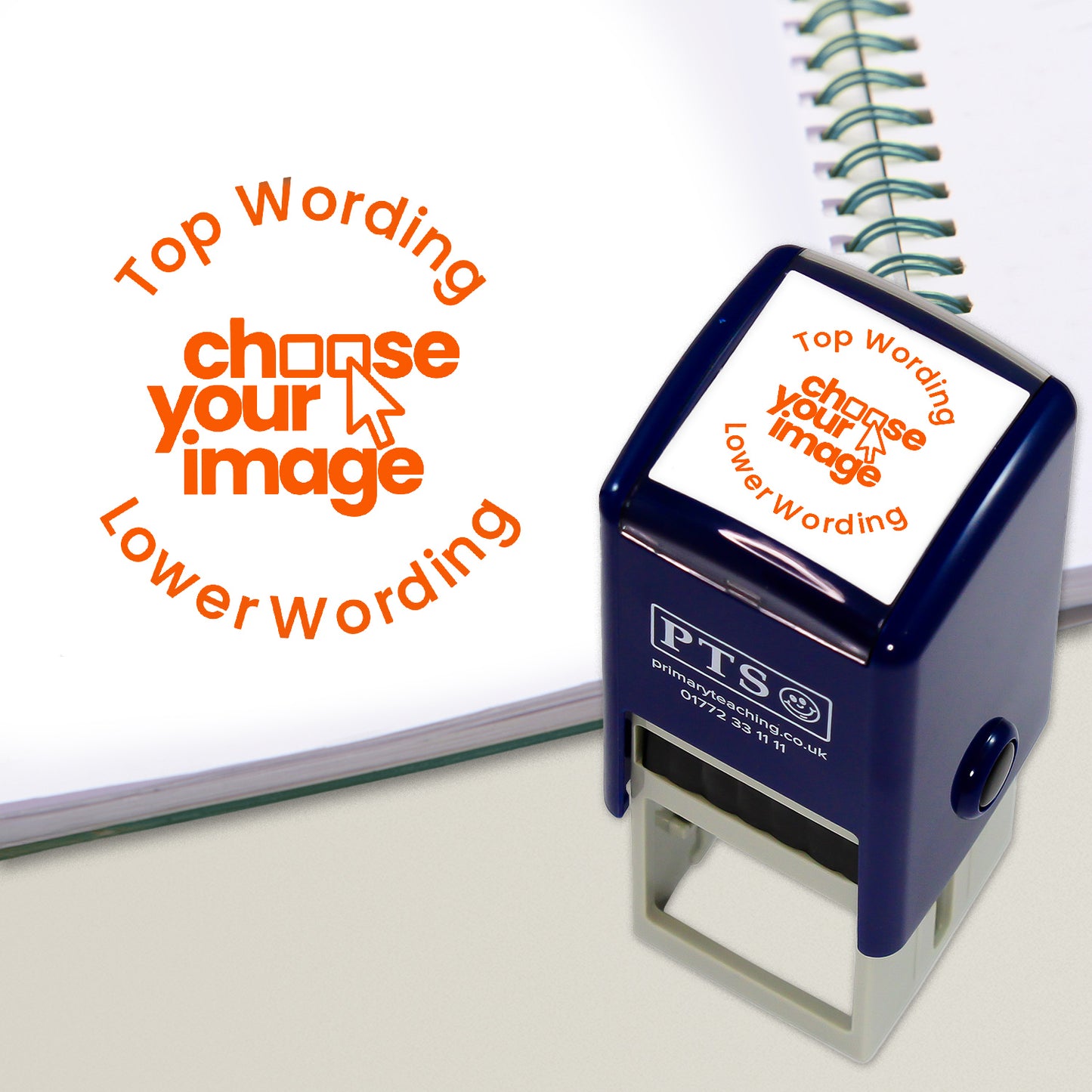 Customisable orange self-inking 25mm stamper with the placeholder text 'CHOOSE YOUR IMAGE' in bold purple, framed by 'Top Wording' and 'Lower Wording' above and below, indicating space for a personalised image and message.