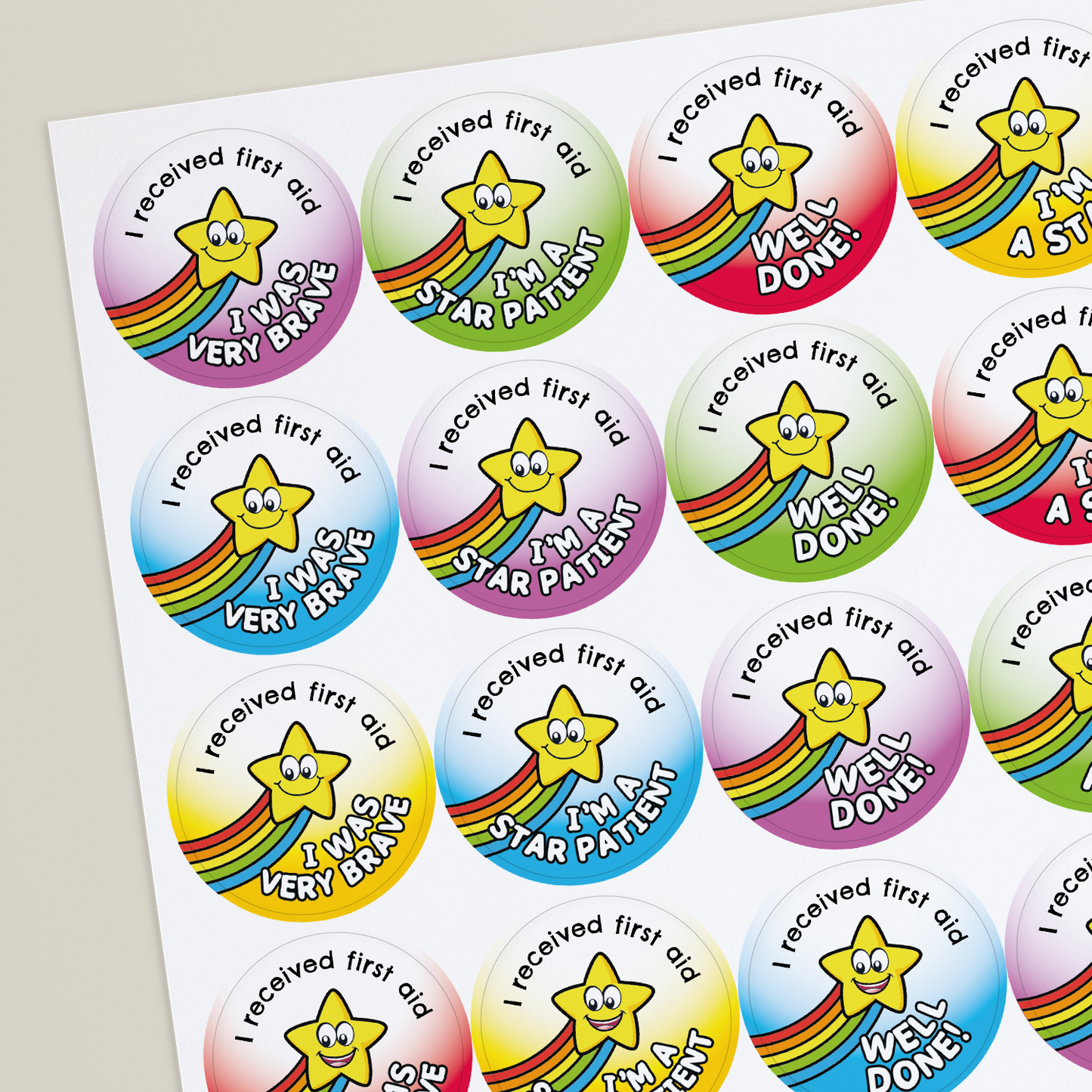 35 Personalised First Aider Rainbow Star Stickers - 37mm