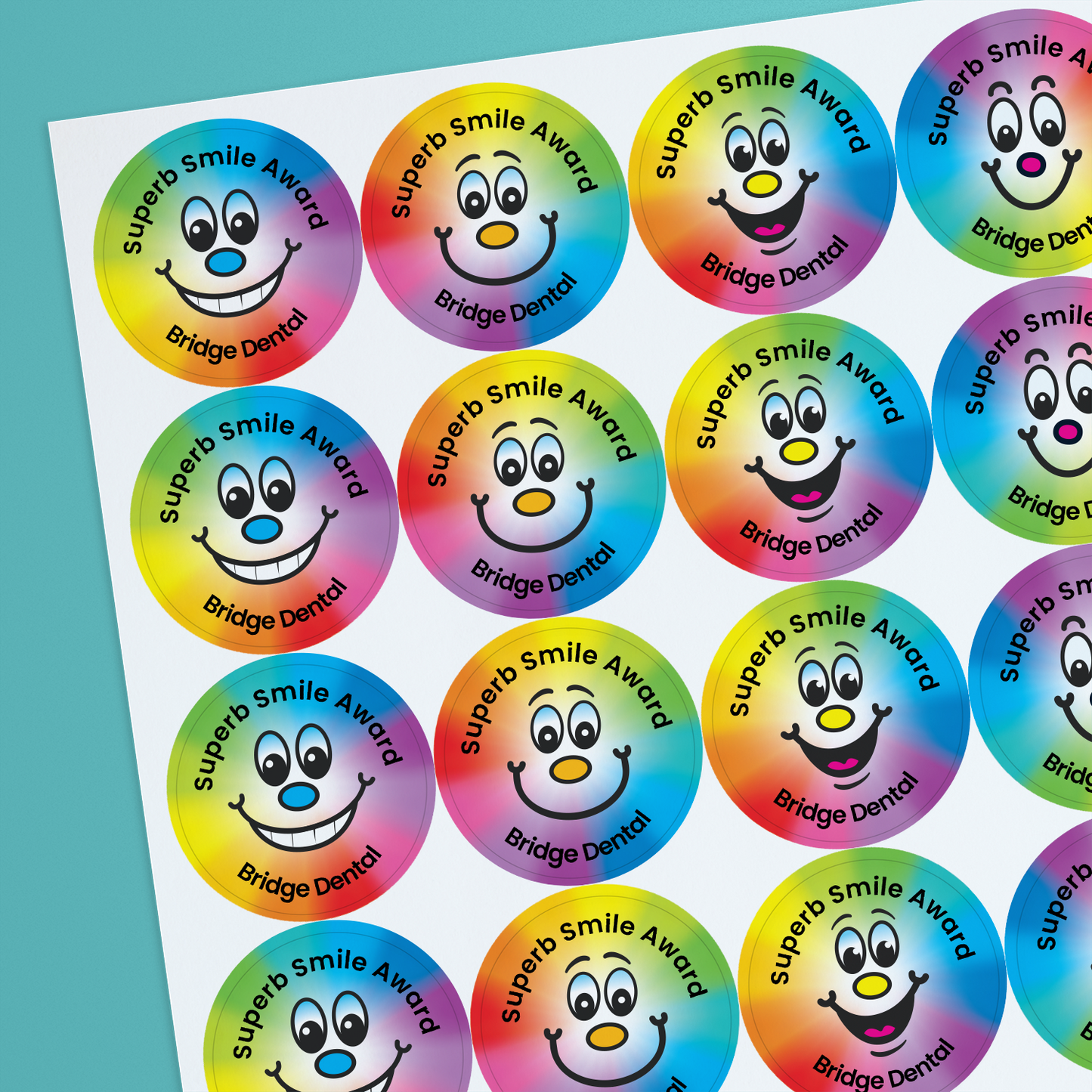 35 Personalised Sweet Shop Scented Rainbow Smile Stickers - Optician - 37mm