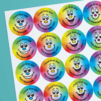 35 Personalised Sweet Shop Scented Rainbow Smile Stickers - Optician - 37mm