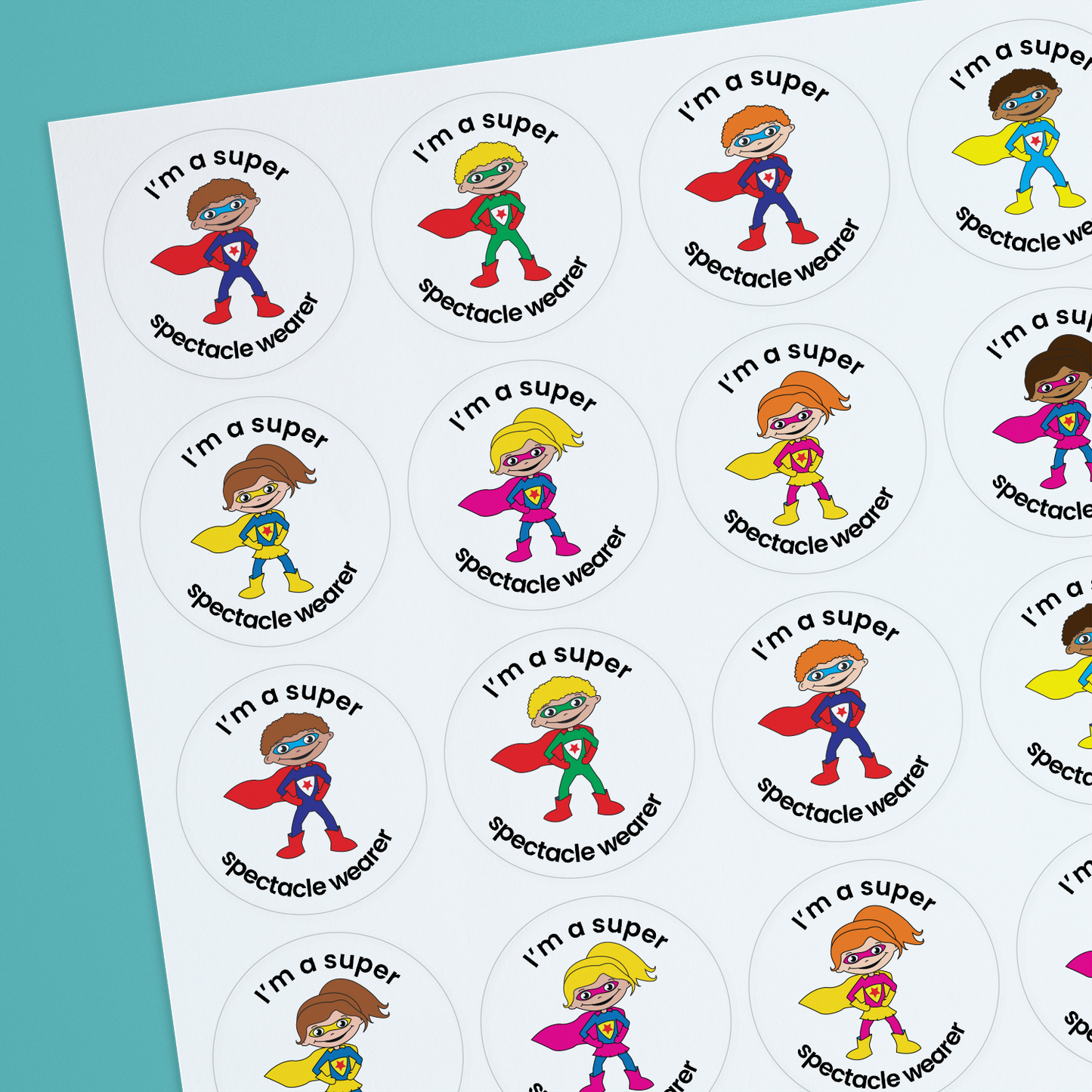 35 Personalised Sherbet Scented Super Hero Stickers - Optician - 37mm