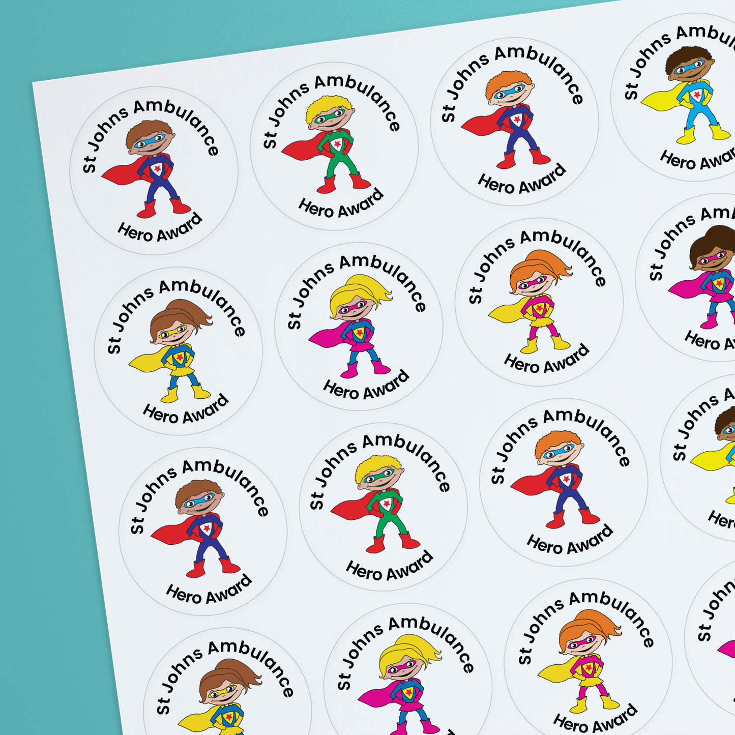 35 Personalised Sherbet Scented Super Hero Stickers - Optician - 37mm