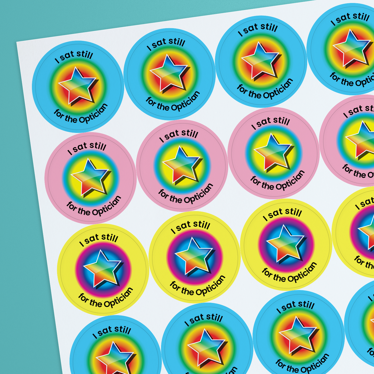 35 Personalised Sherbet Scented Rainbow Star Stickers - Optician - 37mm