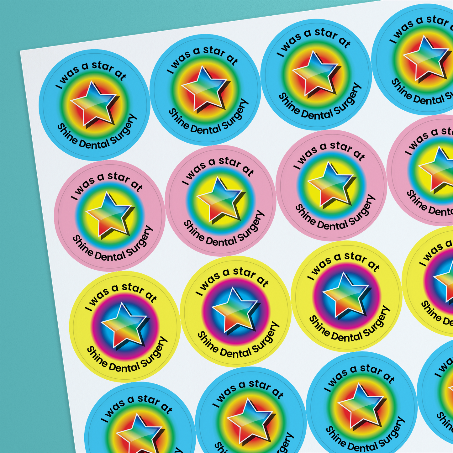 35 Personalised Sherbet Scented Rainbow Star Stickers - Optician - 37mm