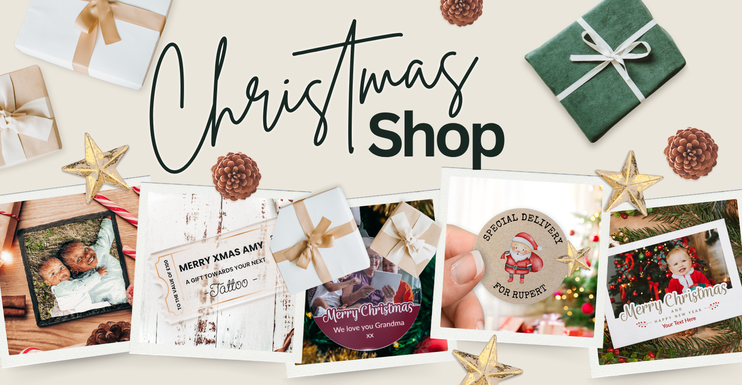 Collage of Christmas-themed products including cards, gifts, and decorations on a white background with 'Christmas Shop' text.