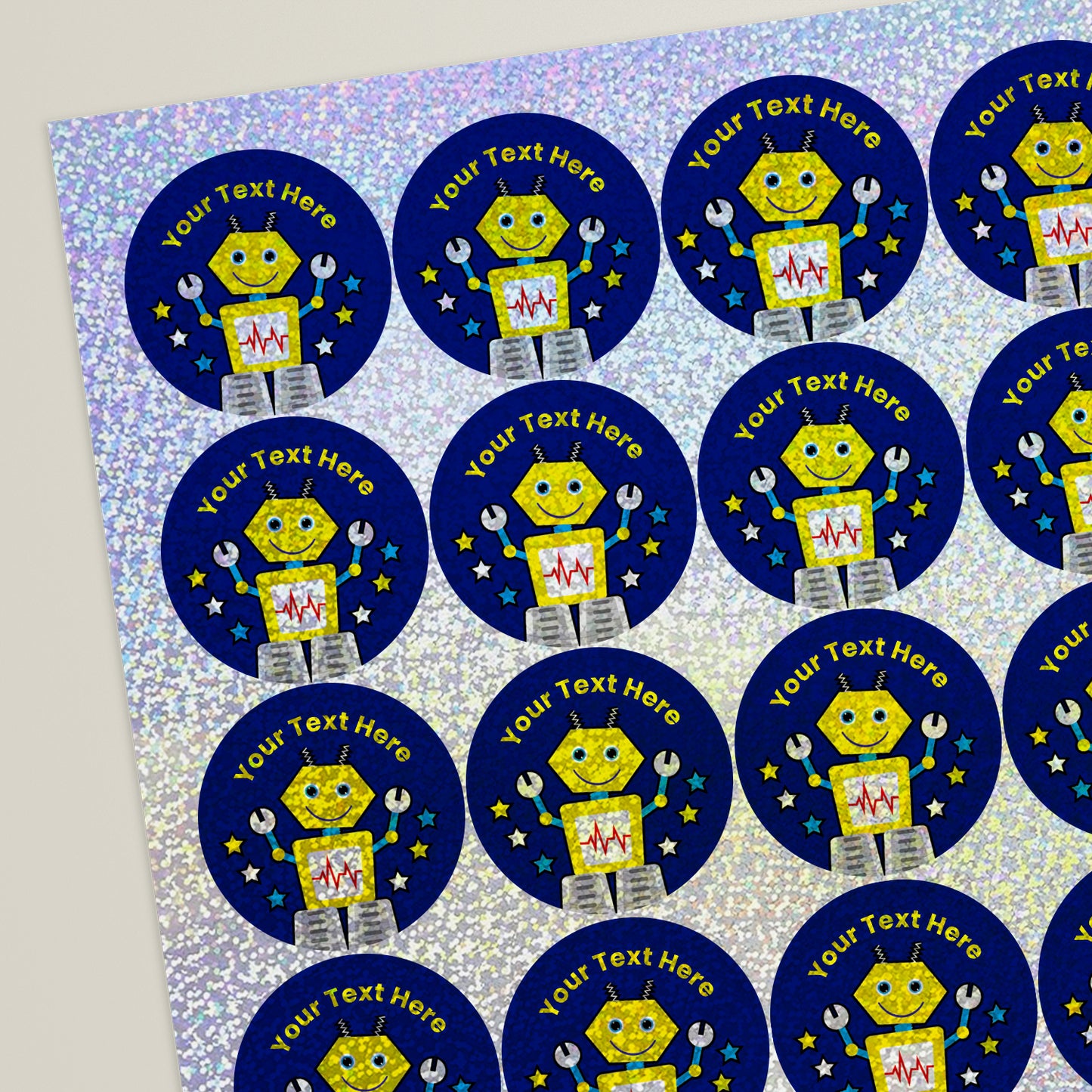 35 Personalised Holographic Robot Stickers - 37mm