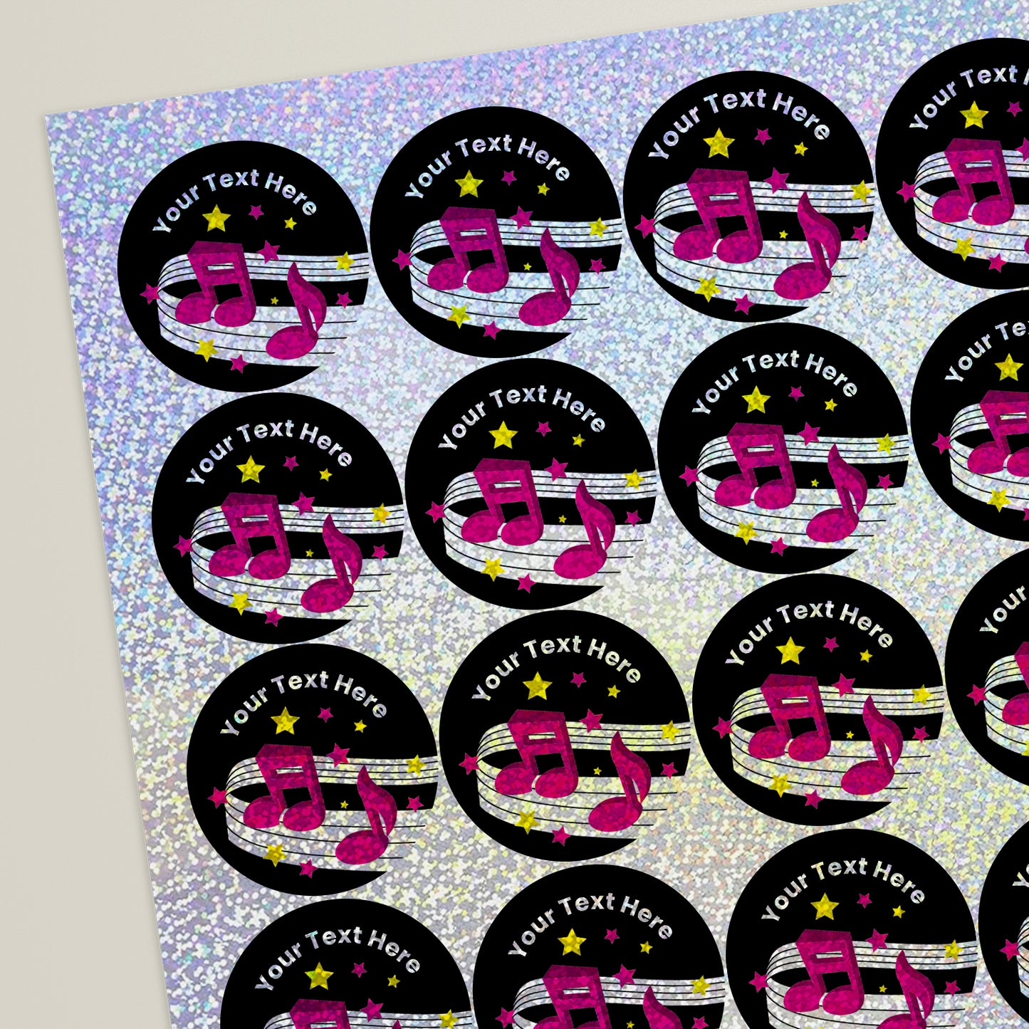 35 Personalised Holographic Music Stickers - 37mm