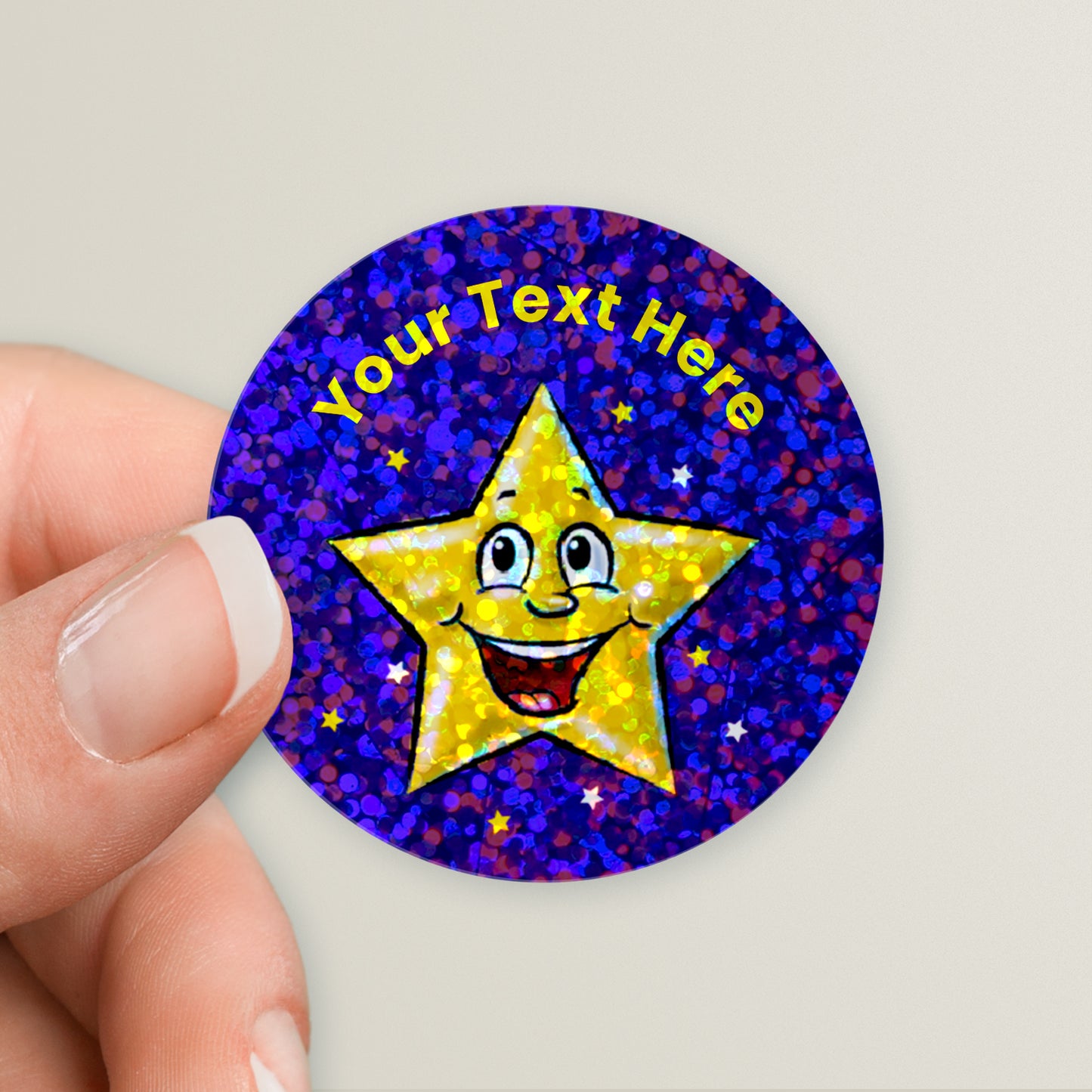 35 Personalised Holographic Smiley Star Stickers - 37mm