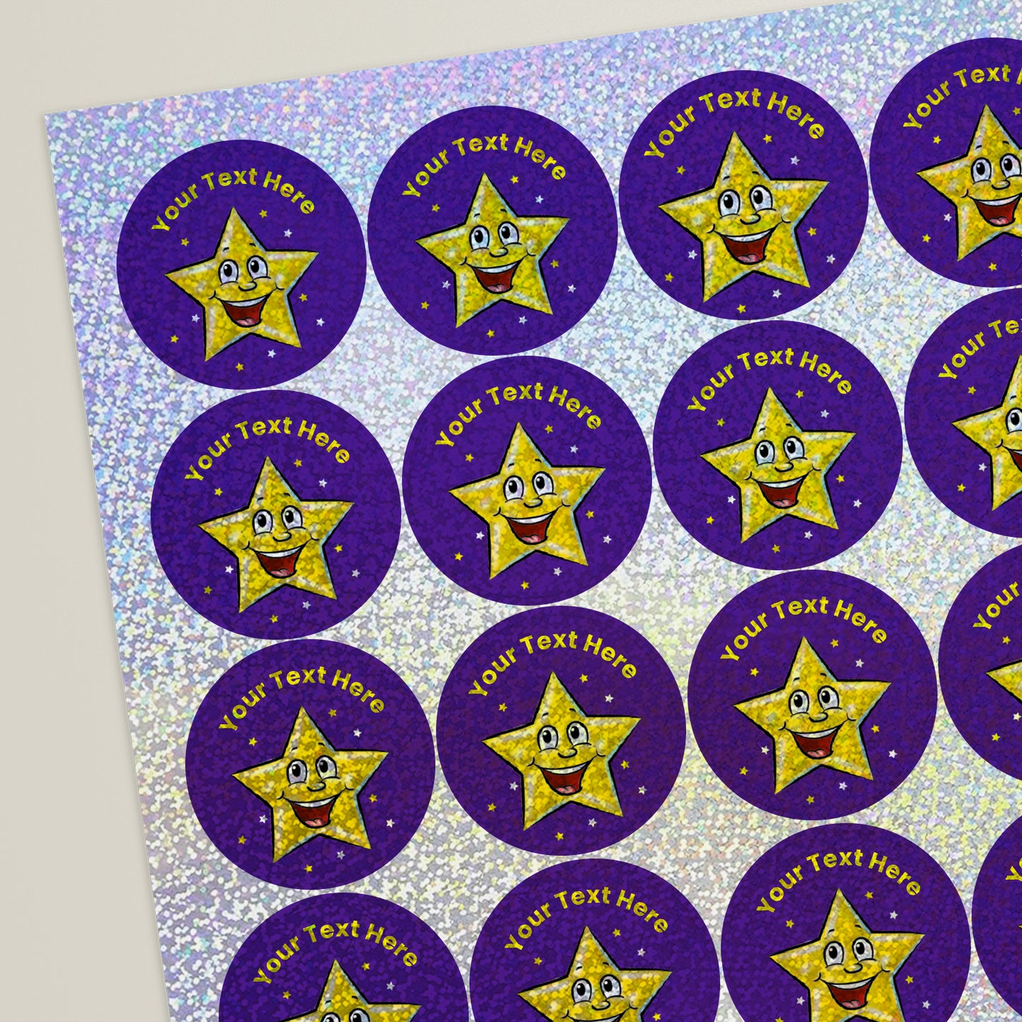 35 Personalised Holographic Smiley Star Stickers - 37mm