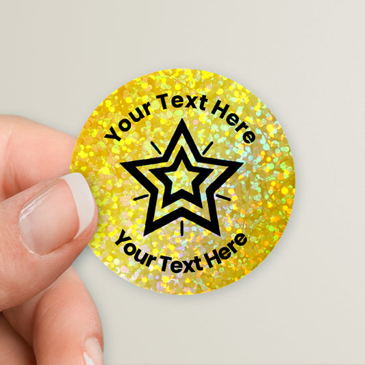 35 Personalised Holographic Gold Star Stickers - 37mm