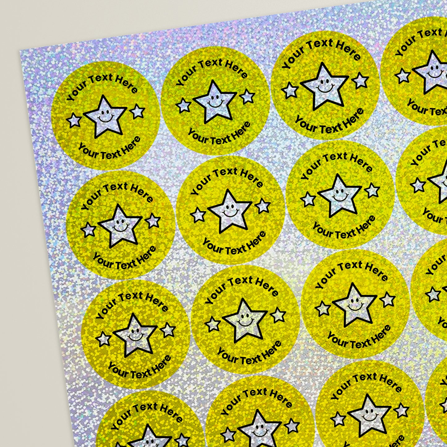 35 Personalised Holographic Triple Star Stickers - 37mm