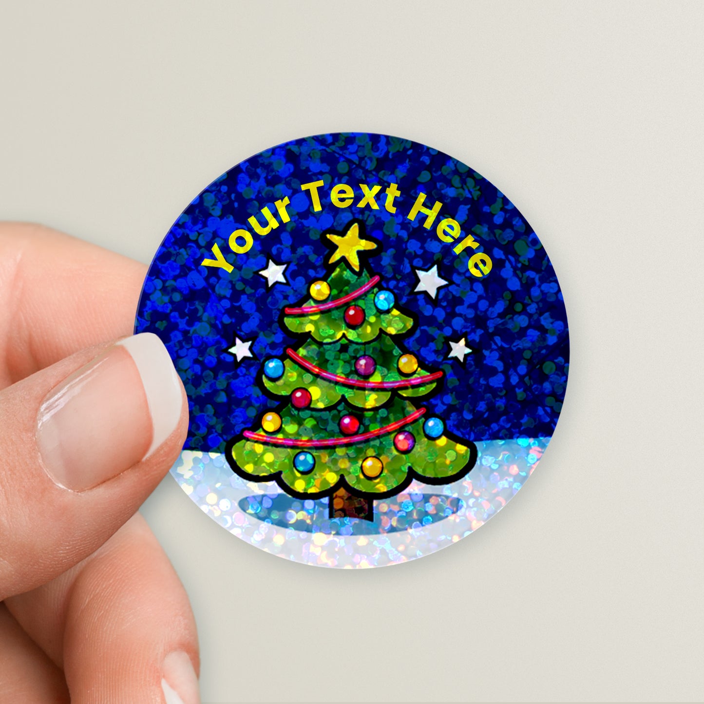 35 Personalised Holographic Christmas Tree Stickers - 37mm