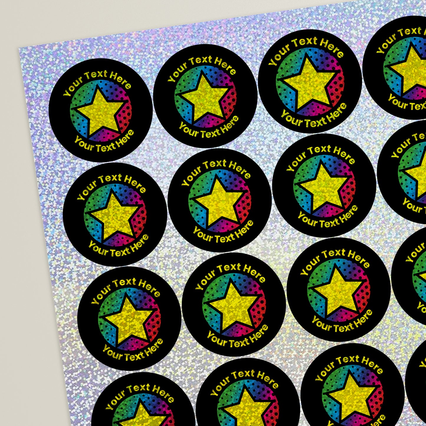 35 Personalised Holographic Neon Star Stickers - 37mm