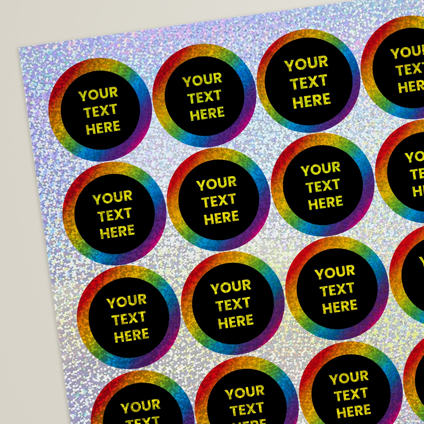 35 Personalised Holographic Neon Spectrum Stickers - 37mm