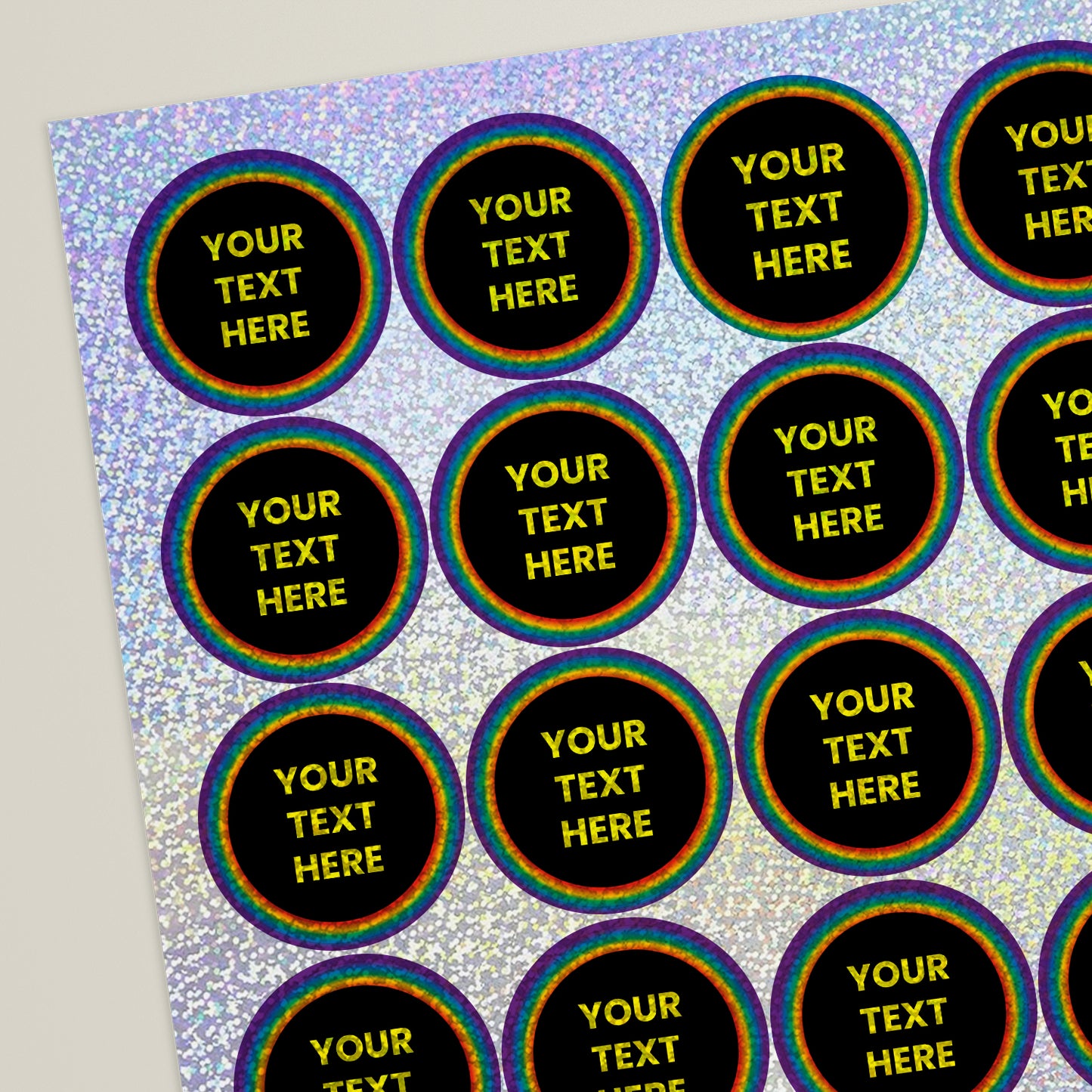 35 Personalised Holographic Neon Rainbow Circle Stickers - 37mm