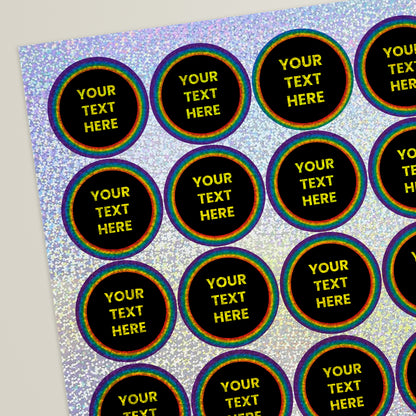 35 Personalised Holographic Neon Rainbow Circle Stickers - 37mm