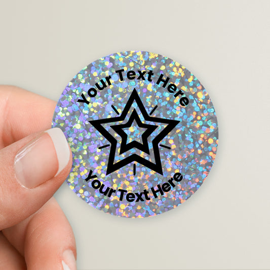 35 Personalised Holographic Silver Star Stickers - 37mm
