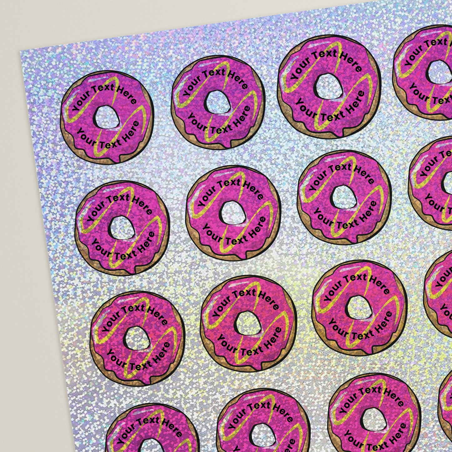 35 Personalised Holographic Doughnut Stickers - 37mm