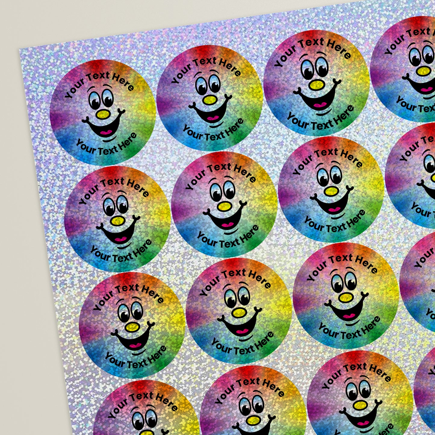 35 Personalised Holographic Rainbow Smiley Stickers - 37mm