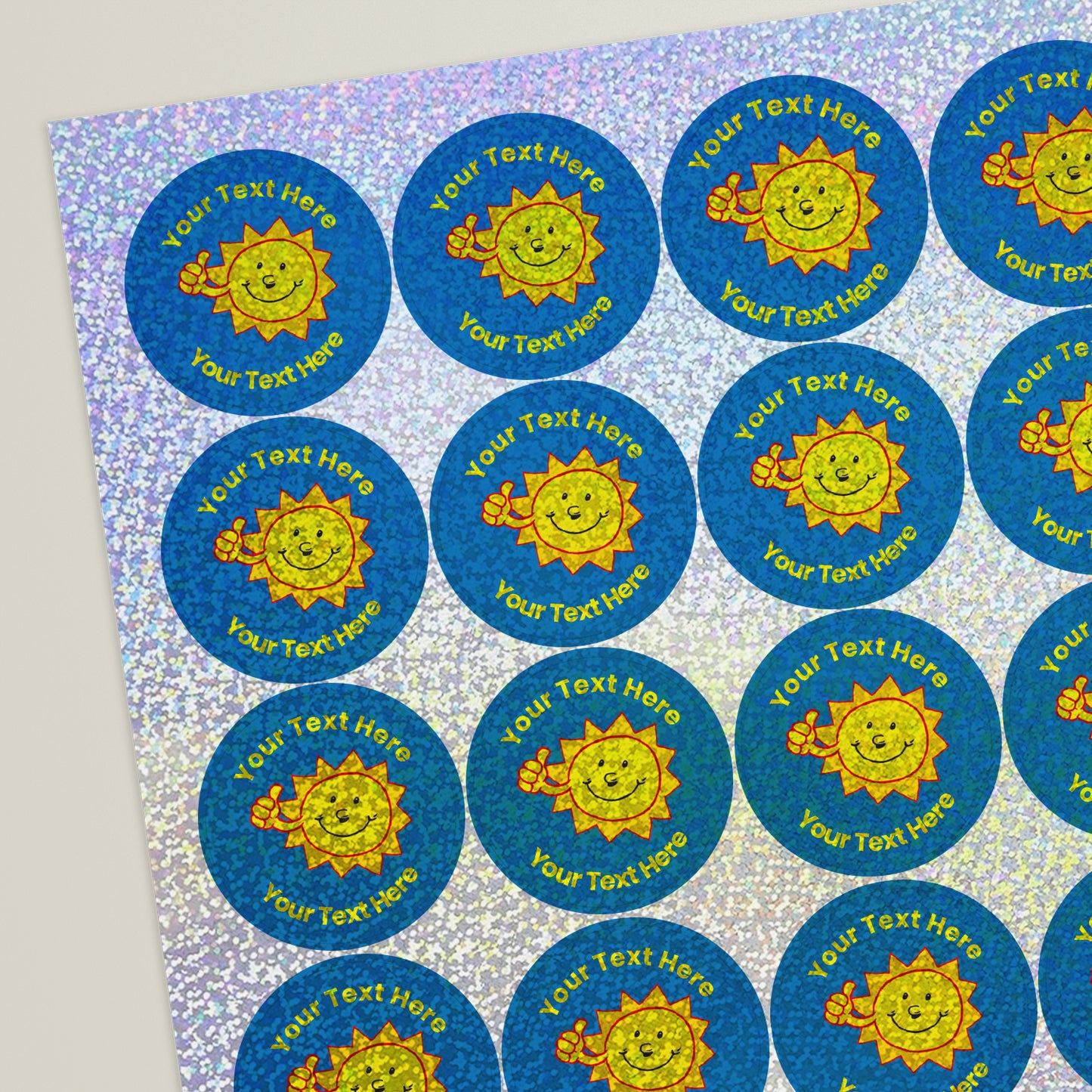 35 Personalised Holographic Sunshine Stickers - 37mm