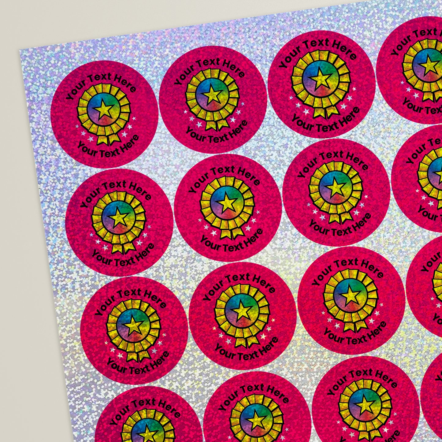 35 Personalised Holographic Rosette Stickers - 37mm