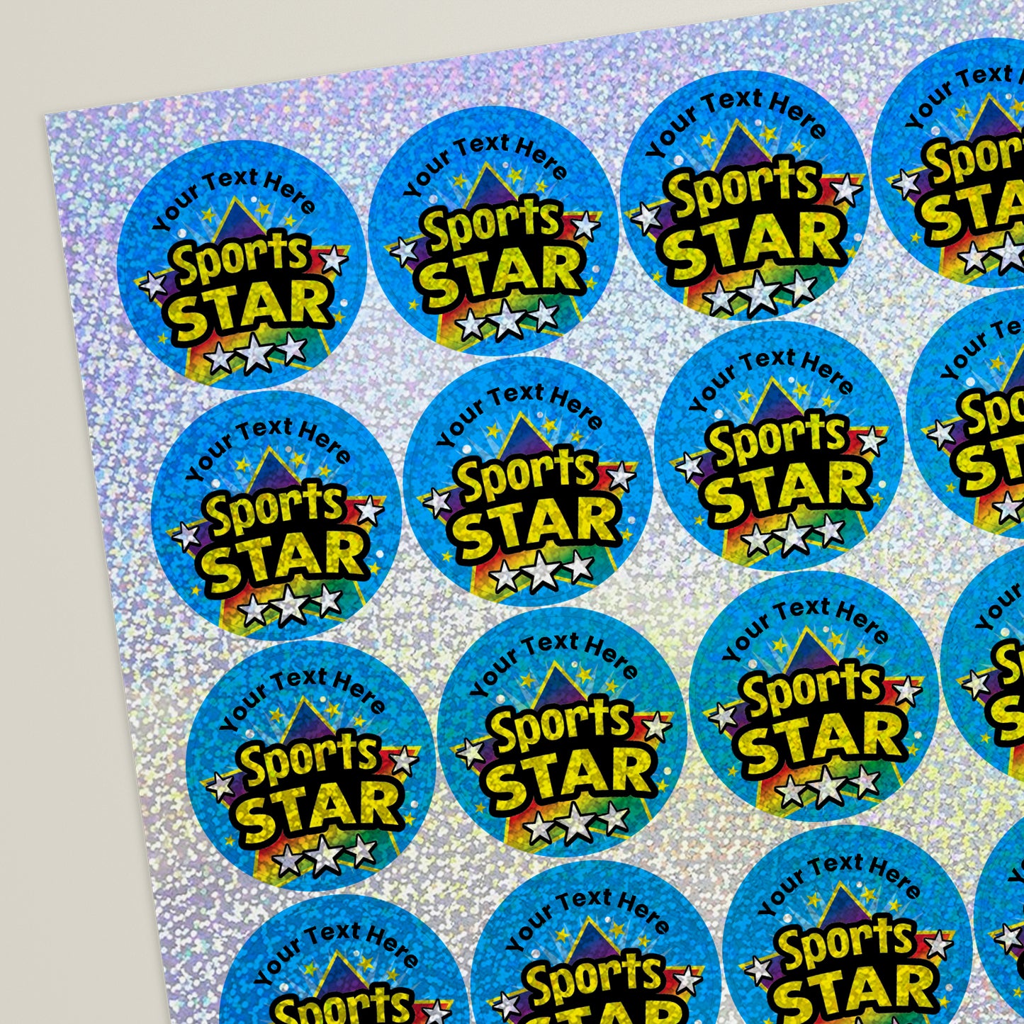 35 Personalised Holographic Sports Star Stickers - 37mm