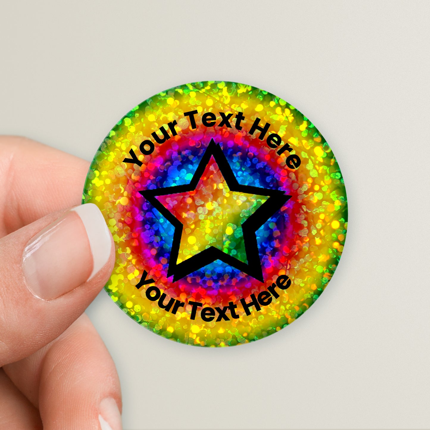 35 Personalised Holographic Rainbow Star Burst Stickers - 37mm
