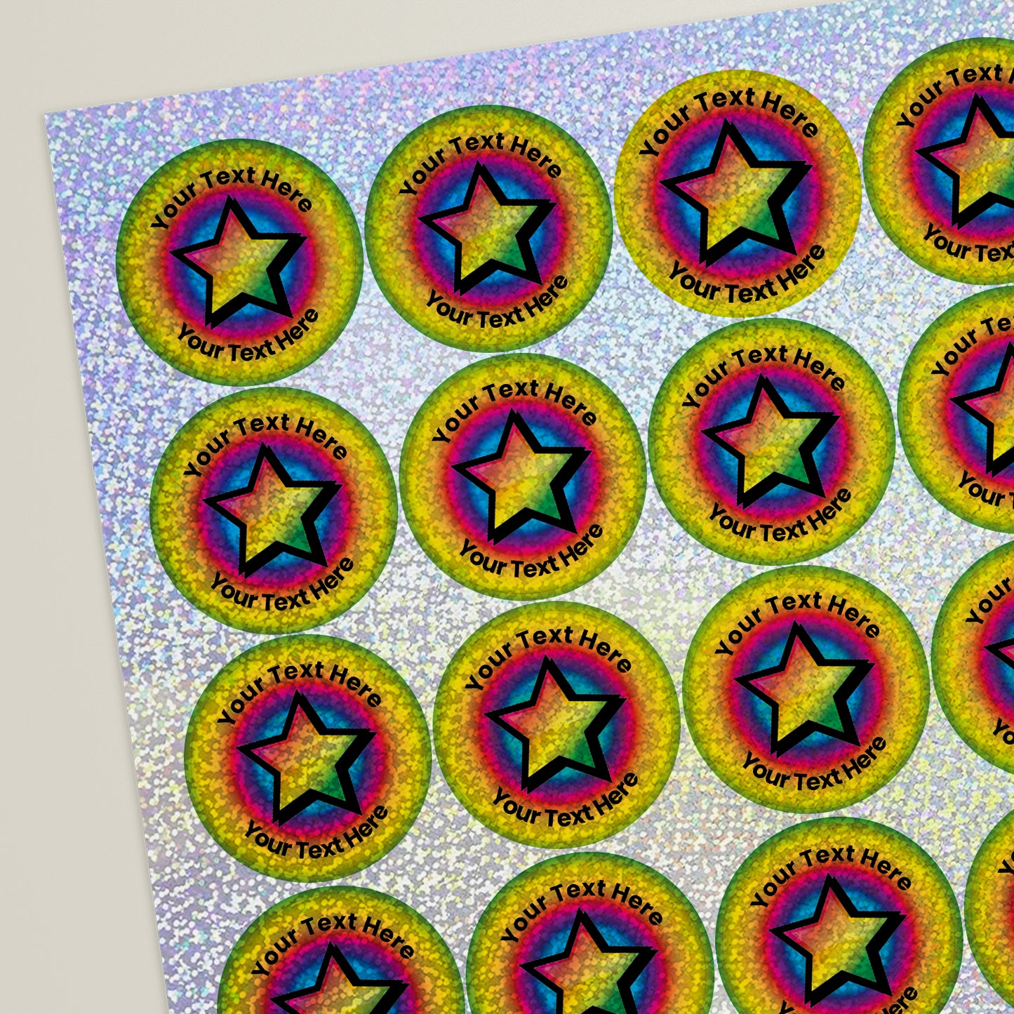 35 Personalised Holographic Rainbow Star Burst Stickers - 37mm