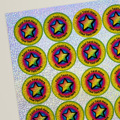 35 Personalised Holographic Rainbow Star Burst Stickers - 37mm