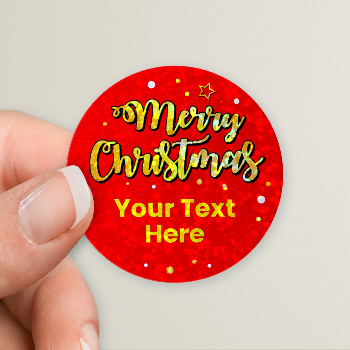 35 Personalised Holographic Merry Christmas Stickers - 37mm