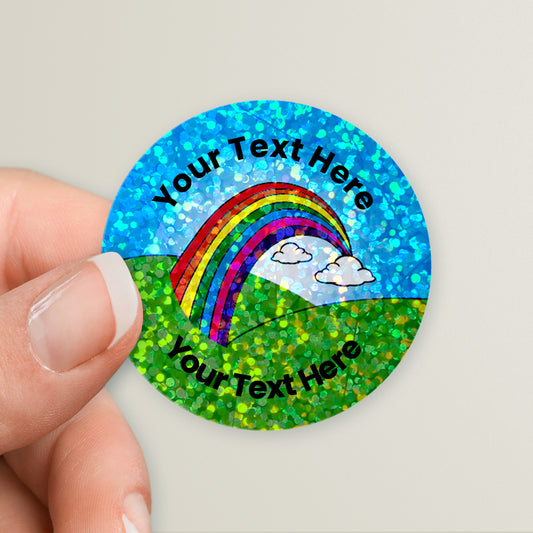 35 Personalised Holographic End of the  Rainbow Stickers - 37mm