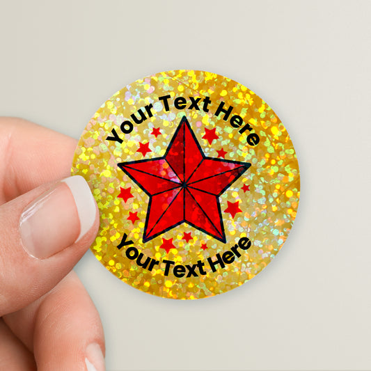 35 Personalised Holographic Coloured Star Gold Stickers - 37mm