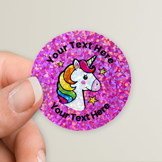 35 Personalised Holographic Unicorn Stickers - 37mm