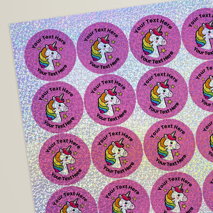 35 Personalised Holographic Unicorn Stickers - 37mm