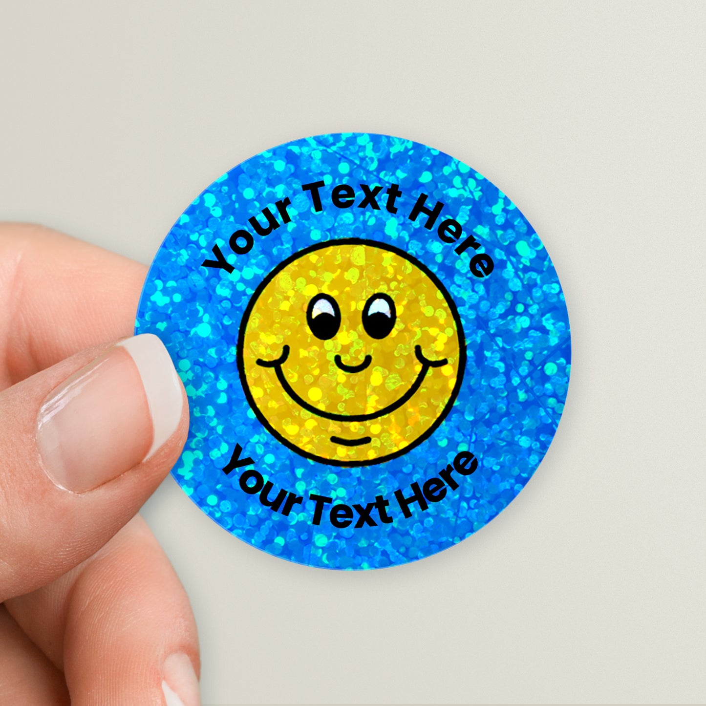 35 Personalised Holographic Smiley Stickers - 37mm