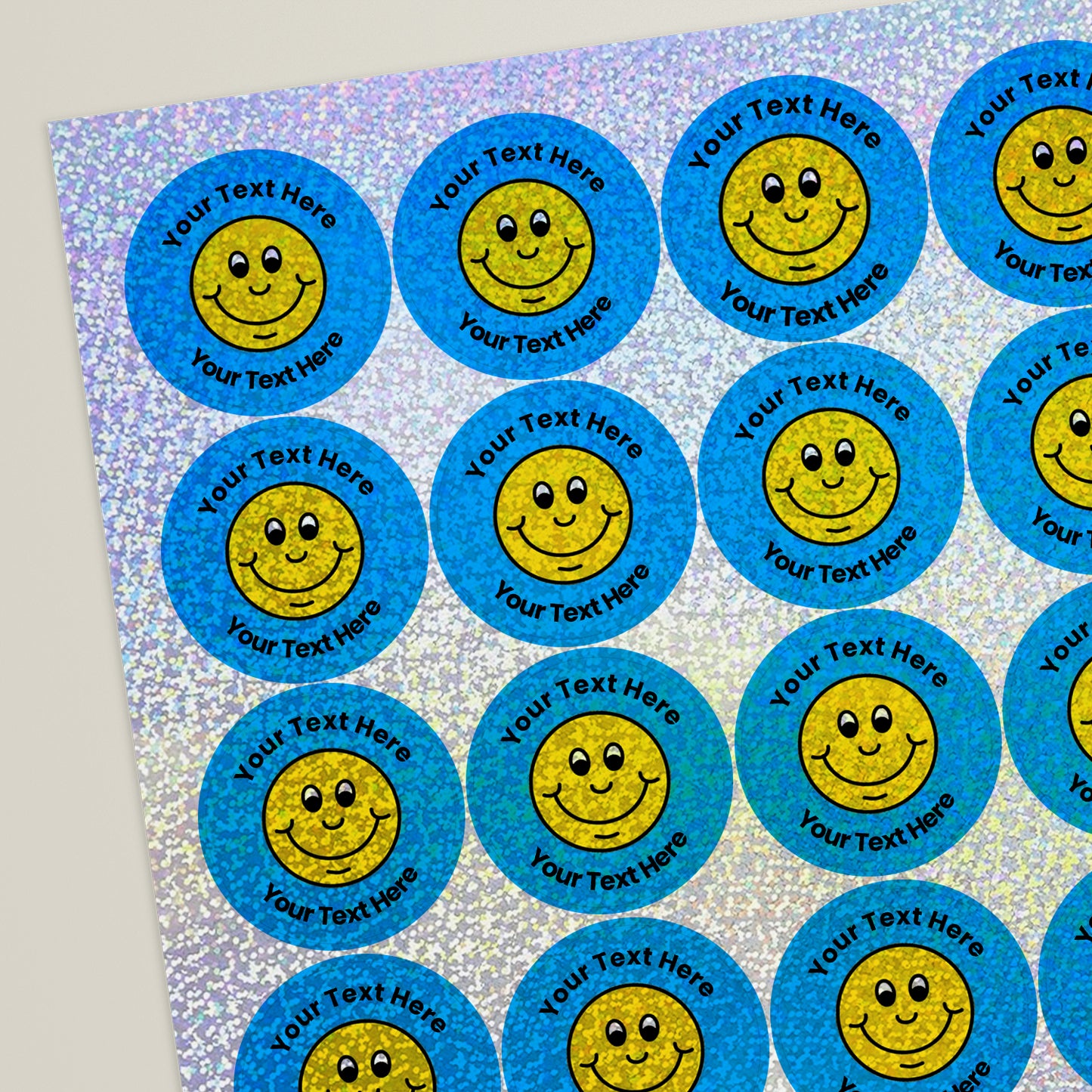35 Personalised Holographic Smiley Stickers - 37mm