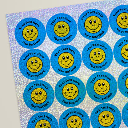 35 Personalised Holographic Smiley Stickers - 37mm