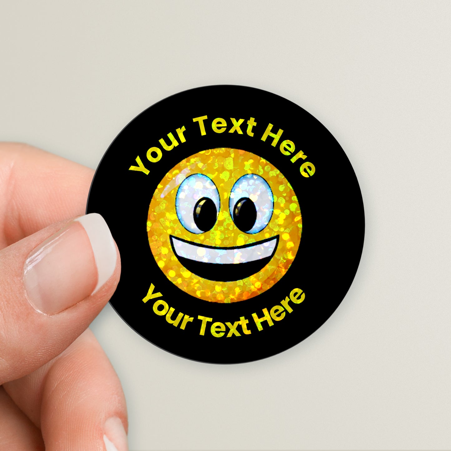 35 Personalised Holographic Happy Emoji Stickers - 37mm