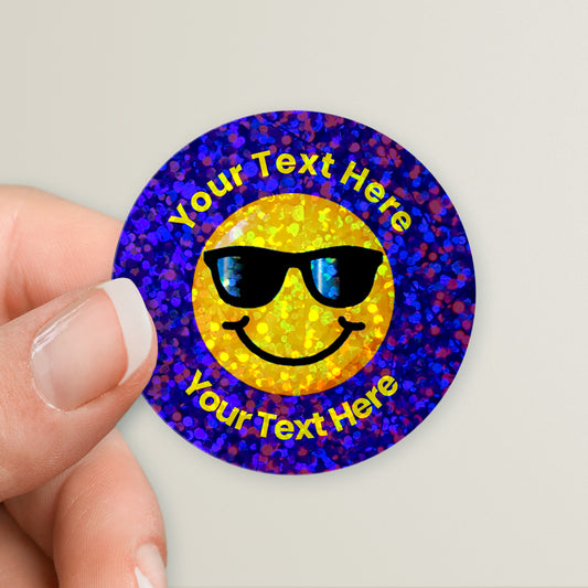 35 Personalised Holographic Cool Emoji Stickers - 37mm