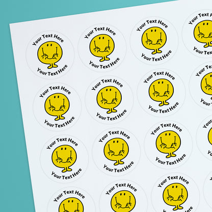 35 Personalised Mr Happy Stickers - 37mm