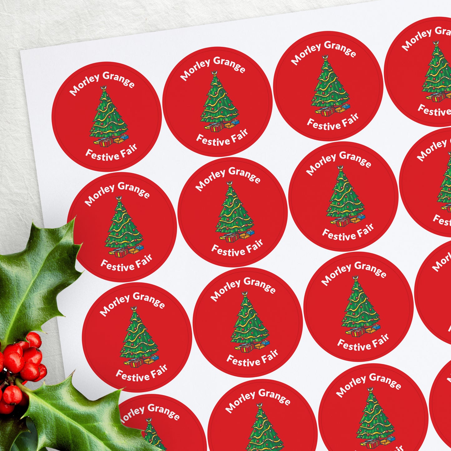 35 Personalised Red Christmas Tree Stickers - 37mm