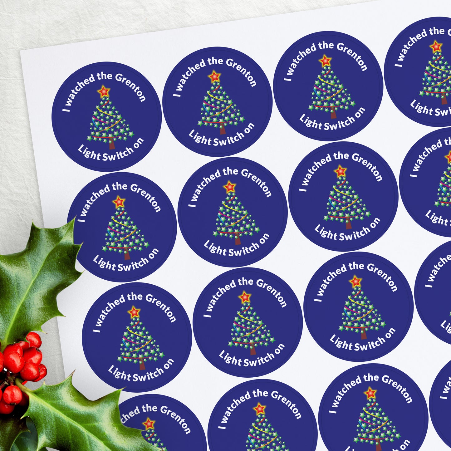 35 Personalised Blue Christmas Tree Stickers - 37mm