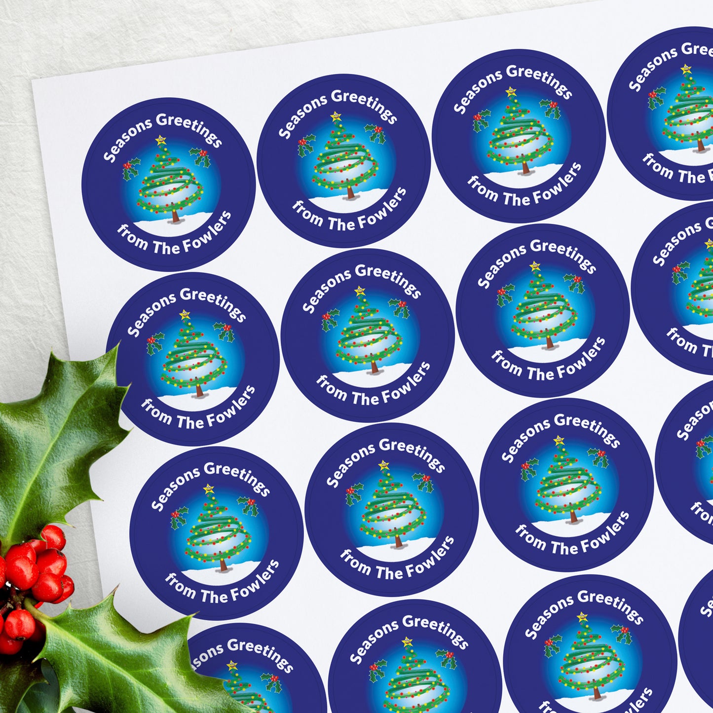 35 Personalised Snowy Christmas Tree Stickers - 37mm